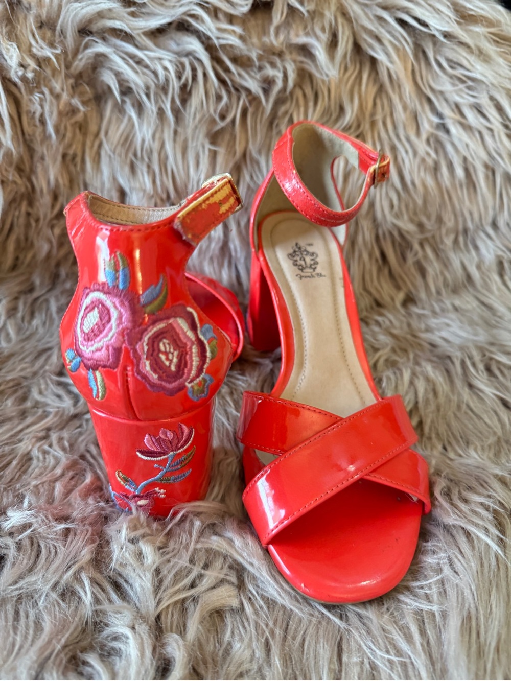 French Blu block heals with floral embroidery- ankle buckle- Sz 7